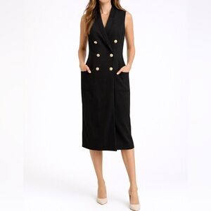 Tommy Hilfiger Black Sleeveless Blazer Dress Gold Button Vest Midi Preppy Chic
